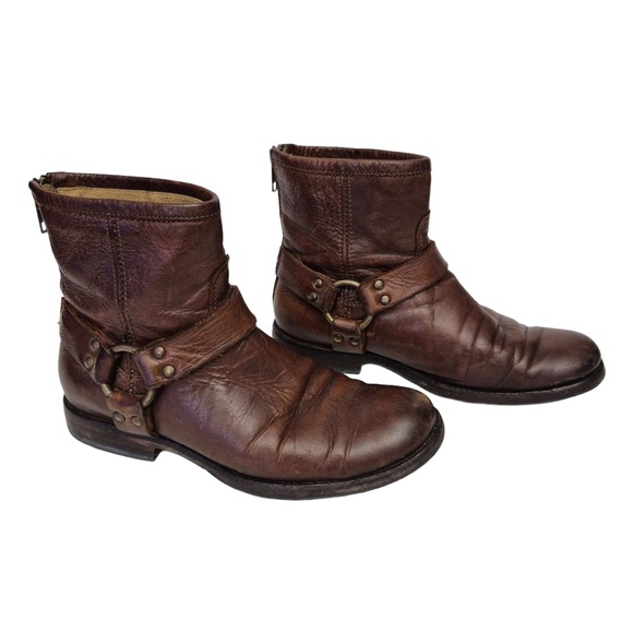 Frye Boot Brown Harness Ankle Zippered Motorcycle Western Women's Size 6.5 - Picture 2 of 11